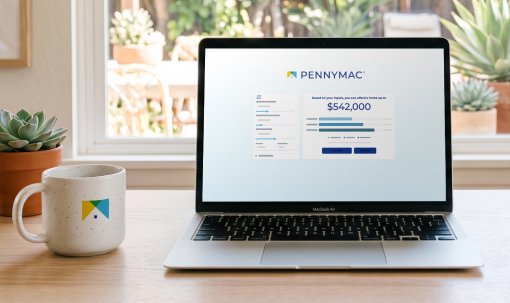 Laptop showing a Pennymac mortgage calculator on a desk next to a coffee mug